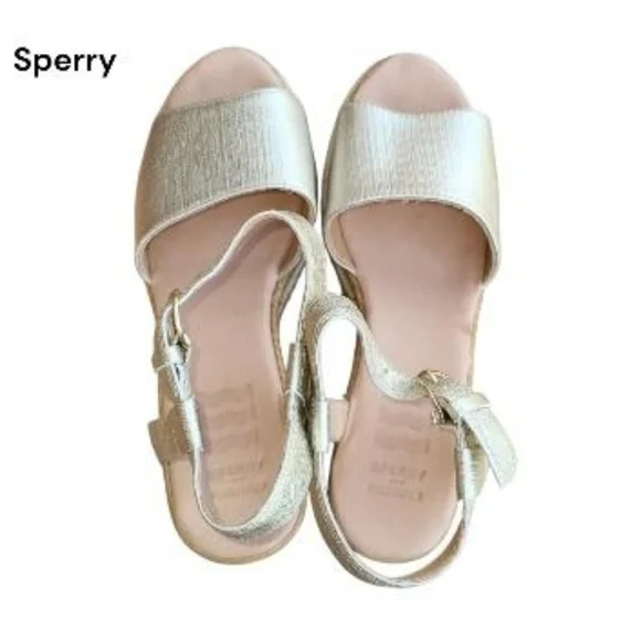 Sperry Topsider Plushwave Fairwater Metallic Gold Tan Leather Espadrille Wedge 9 - Picture 7 of 13